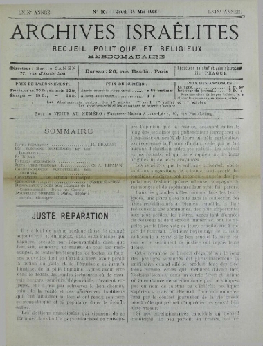 Archives israélites de France. Vol.69 N°20 (12 mai 1908)